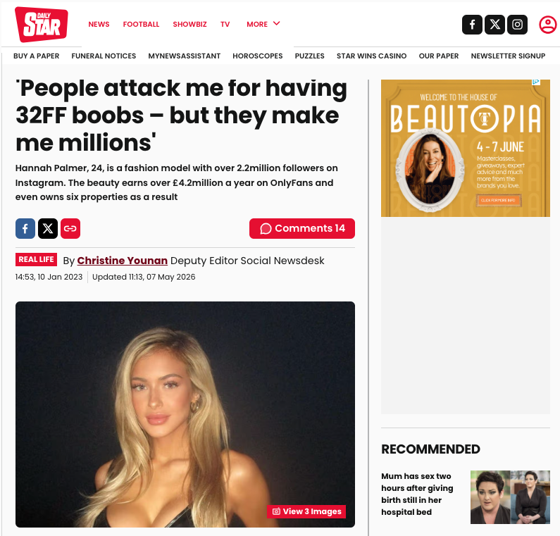 National daily real-life feature on a high-earning creator